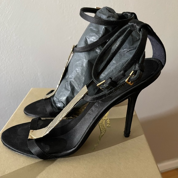 Black Satin with Gold signature hardware sandal heel - Picture 7 of 15